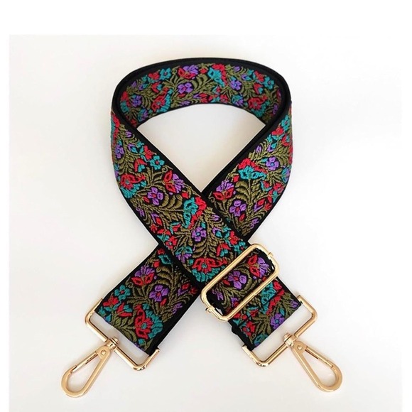 Unbranded Handbags - Floral Embroidered Purse Strap Adjustable Crossbody Guitar Style Gold Hardware